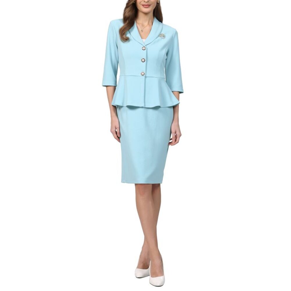 Women Trendy Work 2 Piece Suit Set with Brooch Pin Skirt Light Blue